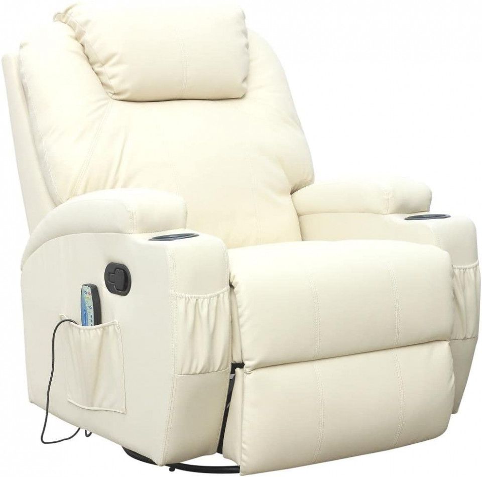 Fotoliu recliner Cinemo, cu masaj, incalzire, rotativ si cu suport pentru bauturi, piele naturala, crem